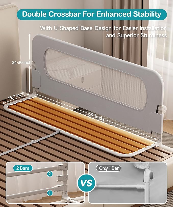 Bed Rail for Toddlers - 33 Inch Foldable Baby Guard | Height Adjustable | Foldable | Fits Full/Queen/King/Twin Beds | U-shape base provides Safety sleep protection | Grey
