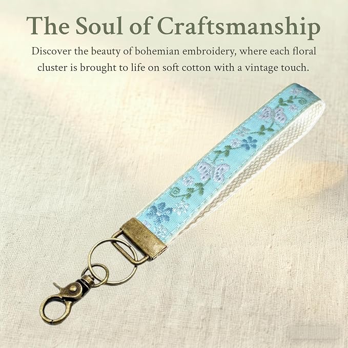 Boho Vintage Embroidered Floral plant Wristlet Keychain for Women | Cute Lanyard&Antique Brass Clasp, Lightweight Hands-Free Key Holder for keys,purses,handbags and daily outdoor use for ladies