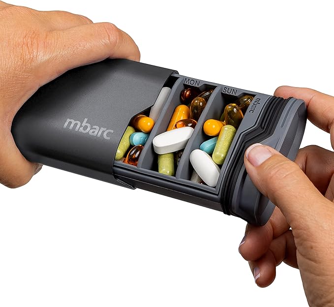 mbarc XL 7 Day Weekly Pill Organizer – Extra Large Capacity Pill Box - Premium Pillcase (XL, Steel Grey)