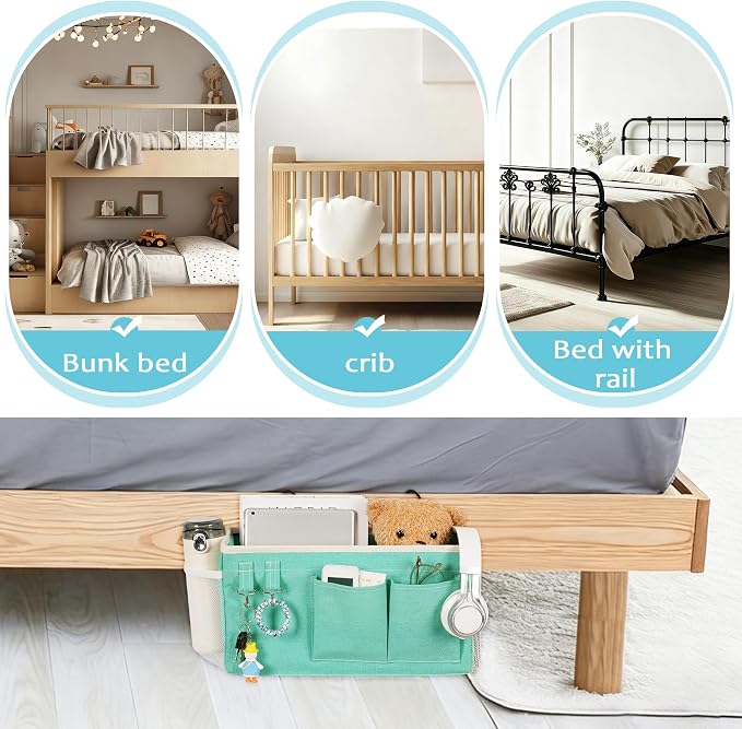 Bedside Caddy, Bedside Storage Bag Hanging Organizer for Bunk Dorm Bed Rail | Bed Caddy with Hooks, Top Bunks and Dorm Essentials for Water, Tissues, Tablets, Books, Phones, Remotes and Other Necessories