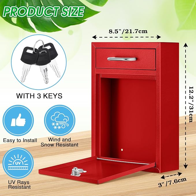 Yaocom Locking Mailbox with Key for Outdoor 12.2 x 8.5 x 3 Inches Large Wall Mount Mail Box with Lock Security Mail Drop Metal Collection Boxes Hanging Secure Postbox(Red)