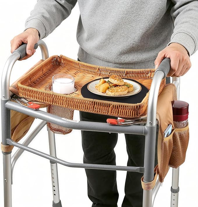 Handwoven Rattan Walker Tray for Folding Walker, Tray for Walker for Seniors Detachable with Cup Holder,Walker Accessories for Elderly,Tray Table Fits Most Standard Walkers (Brown)