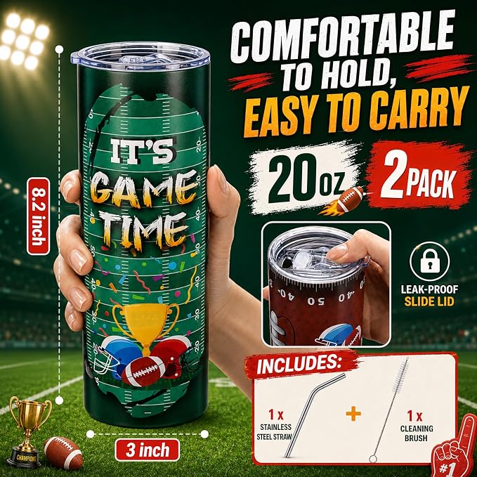 Geiserailie 2 Pack Football Tumbler Cups Gifts 20 oz Insulated Stainless Steel Sports Travel Mug with Lids Straws for Christmas Father's Day Men Dad Football Lovers Fans