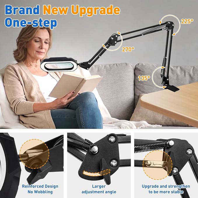 12X Rectangle 3-Section Magnifying Glass with Light and Clamp-White | 5 Color Mode & Stepless Dimming LED Lamp, 4-Way Desk Clip, Ultra Long Lighted Magnifier for Workbench Reading Craft Repair