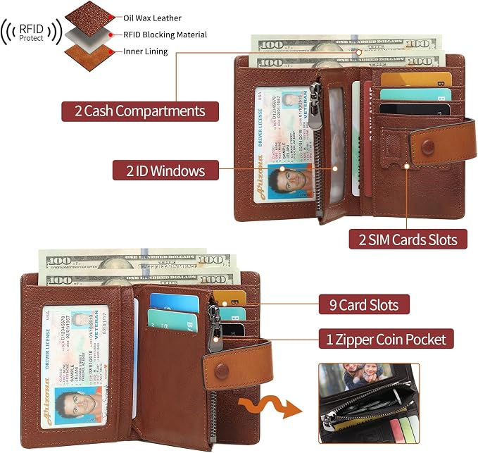 GAEKEAO Genuine Leather Wallets for Men with Zipper, RFID Blocking Mens Wallet with Coin Pouch, Bifold Wallet with 2 ID Windows in Gift Box, Billeteras de Hombres