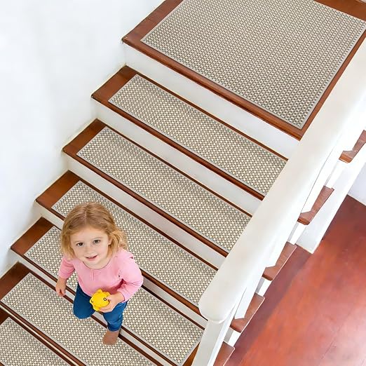 DEXDE Stair Treads for Wooden Steps 4-Pack Non-Slip Indoor, 9" x 30" Grey | Chenille & Linen Blend Carpet Stair Runners Backing, Soft Self-Adhesive Washable Stairway Step Covers for Kids Elders Dogs
