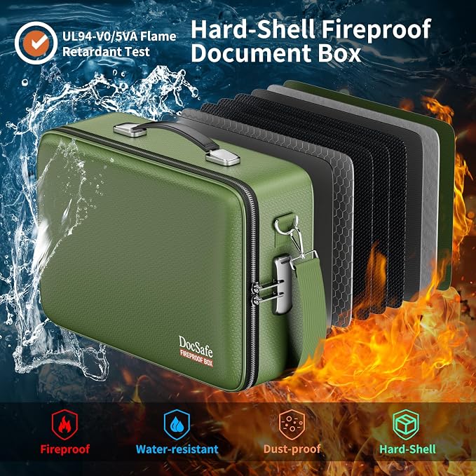DocSafe Fireproof Document Box Hard Case with Lock ＆ Accordion File Folder | Fire and Water Resistant Safe Box,File Organizer,Multi-Pocket,Home Office Travel Storage for Important Document,Laptop,Green