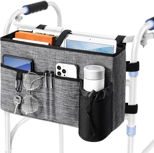 Rhino Valley Walker Bag, Multi Pockets Folding Walker Basket Tote Bag with Cup Holder, Hand-free Carry Pouch Storage Bag for Universal Walkers, Large Capacity Organizer for Seniors Elderly, Gray
