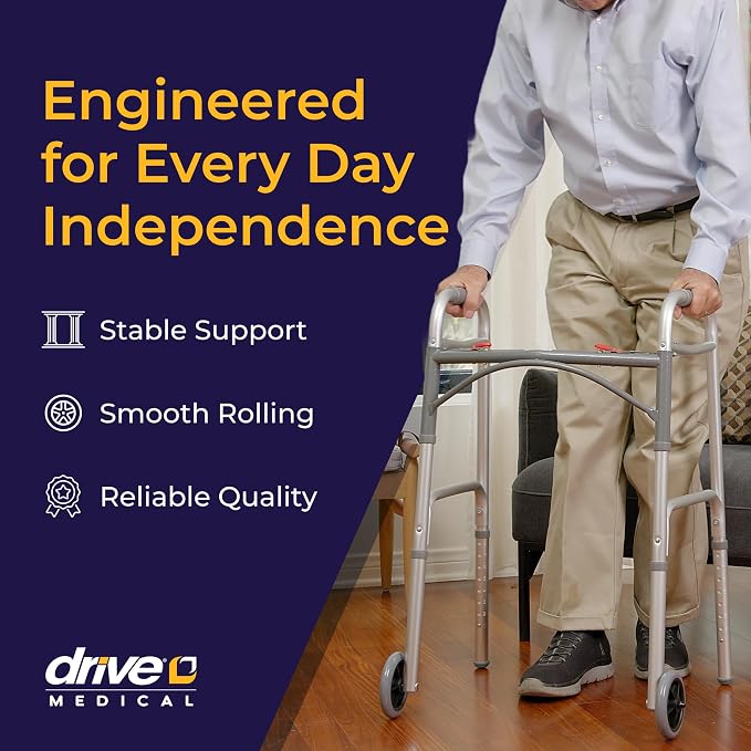 Drive Medical Two-Button Folding Walker with Wheels, Height Adjustable | Two-Button Rolling Walker Features Dual Push-Button Operation, Adjustable Height and Durable Aluminum Frame