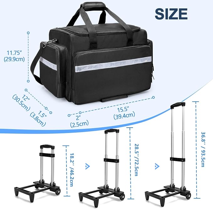 Damero Rolling Medical Bag with Detachable Trolley & Cover Fixed Strap | Medical Bag On Wheels with Inner Dividers, Bottom Support Board, Shoulder Strap for Home Health Nurses, Doctors, EMT, EMS