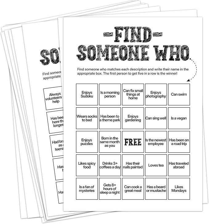 Find Someone Who Bingo Cards, 25 Unique Randomized 5x7 Sheets, Get to Know You Bingo Game for Adults, Ice Breaker Office Party Games, Team Building Games for Work, High Replay Value - B005