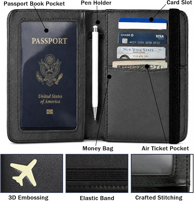 RFID Blocking Passport Holder for Travel – PU Leather Waterproof Lightweight Passport Cover Wallet for Women Men, Travel Organizer with Card Slots for Airline Tickets & Passport Book (Black)