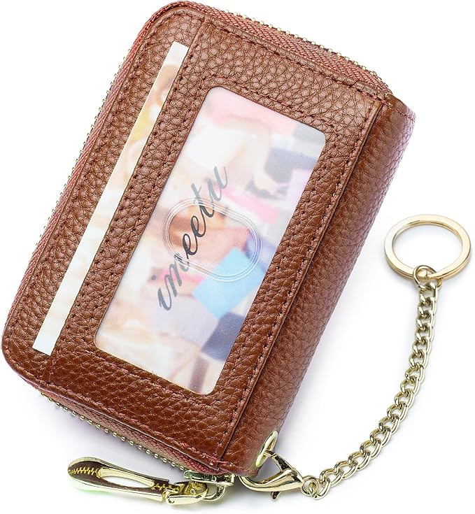 imeetu RFID Credit Card Holder, Small Card Wallet Women, Leather Card Case | Genuine Leather Women's Card & id Cases, Change Coin Purse with Zipper Keychain id Window, 20 Colors & 3 Styles, Daily, Gifts