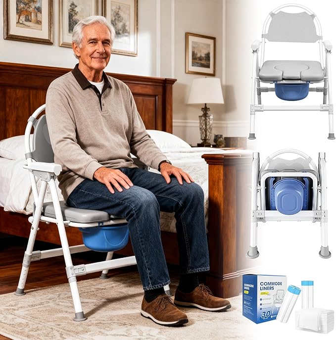 4 in 1 Folding Bedside Commode Chair for - Adjustable Height Adults Potty Chair with Arms, Back & 30 PCS Cleaning Bag for Seniors, Pregnant Women & Post-Surgery - Supports 360 lbs (PU Soft Seat)