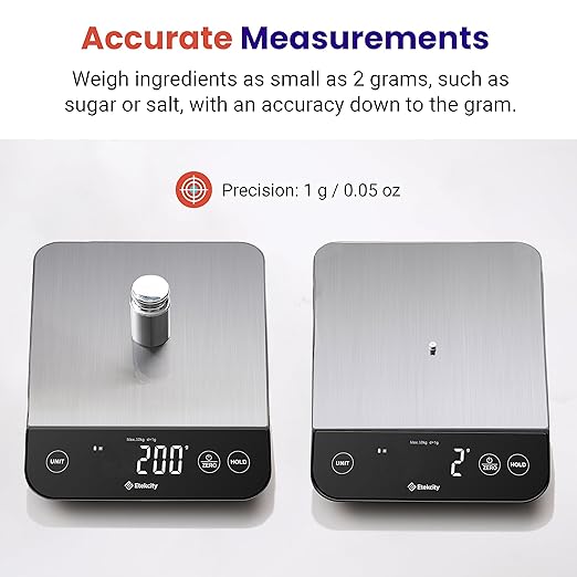 Etekcity Digital Food Kitchen Scale, Grams and Oz for Weight Loss, Baking and Cooking, 0.05oz/1g Precise Graduation,5 Weight Units, IPX6 Waterproof, USB Rechargeable,304 Stainless Steel-Silver, 22lb | Digital scale with grams & ounces, 1g precision, 5 ...