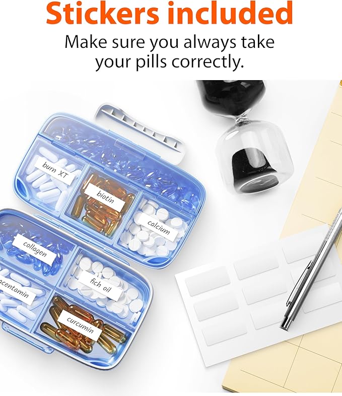 Travel Pill Organizer - Airtight Medicine Case for Traveling Portable Pharmacy Box with Labels Vitamin Container 8 Compartment Supplement Medication Holder Large Capacity Daily (Blue)
