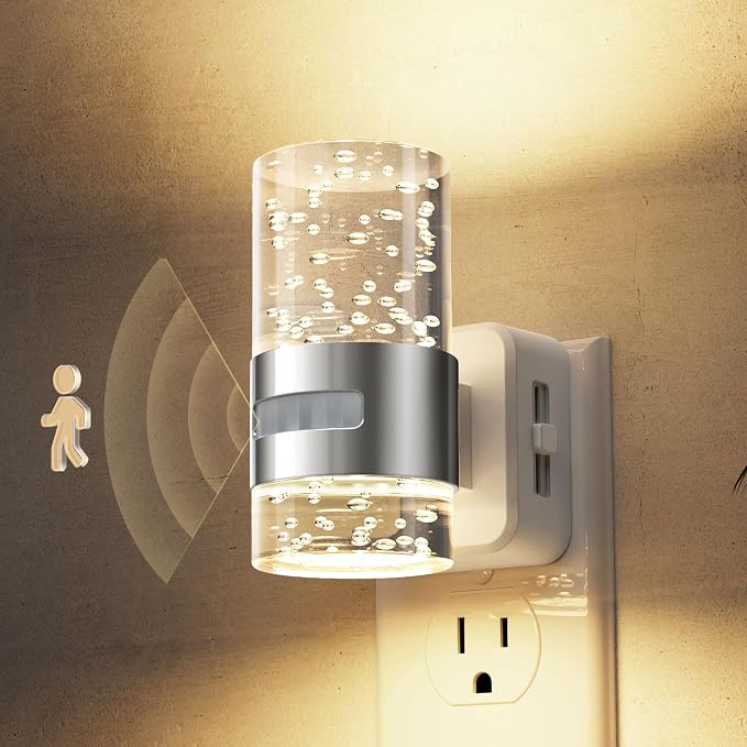 L LOHAS LED Motion Sensor Night Light,Dimmable Night Lights Plug into Wall | 3000K Night-Lights with 0-100 LM Adjustable, Acrylic Bubble Plug in Nightlight for Bathroom Hallway Nursery
