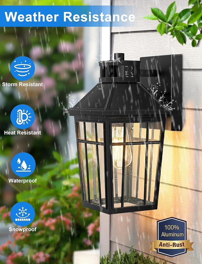 Lotsky Motion Sensor Outdoor Wall Lights, Dusk to Dawn Porch Light 2 Packs, Aluminum Waterproof Exterior Lighting Fixture, Black Farmhouse Outside Sconces for Front Door, Garage, Patio