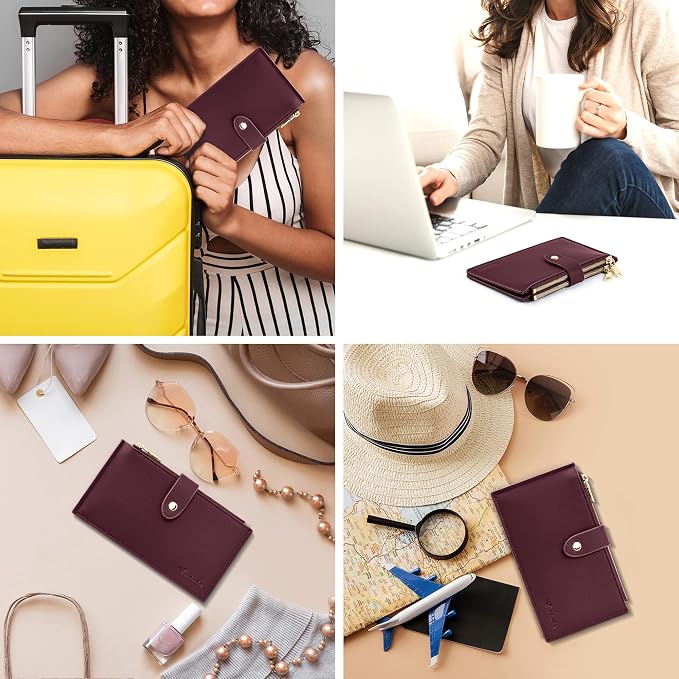 Travelambo Womens Leather Bifold Wallet, Slim RFID Blocking Card Holder | Large Capacity, 16 Card Slots & ID Window, 2 Zipper Pockets, Dual Snap Closure, Slim Lightweight, RFID Privacy Protection