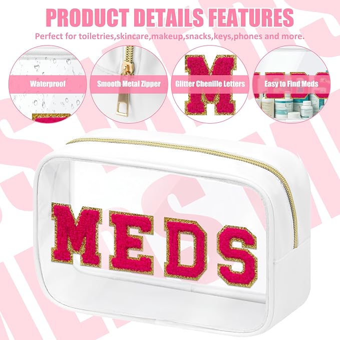 BuyCard Clear Meds Chenille Letter Nylon Makeup Bag - Portable Preppy Patch Cosmetic Toiletry Travel Storage Medicine Bag With Zipper for Women Girls White