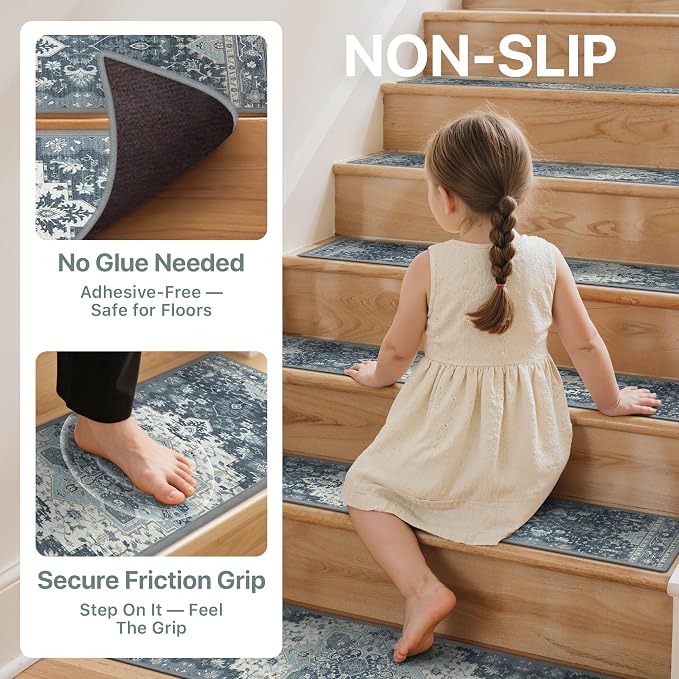 sarben 8"x30" Non Slip Stair Treads for Wooden Steps 15 Pack, Navy | Peel and Stick Carpet Stair Runner with TPE Adhesive Backing, Carpet for Added Safety, Pet and Senior Friendly