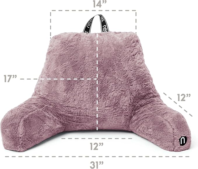 Nestl Fur Reading Pillow with Laptop Lap Desk, Stylish Back Pillow for Sitting Up, Lap Desk with Reading Pillows for Sitting in Bed Adult & Kids, Faux Fur Chair Pillow with Arms - Dusty Purple