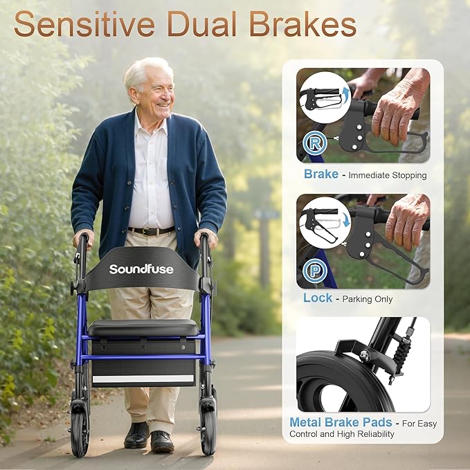 Rollator Walkers with Seat for Seniors, Foldable 8" Big Wheels All Terrain Rolling Walker, Handles and Ergonomic Seat Height Adjustable, 350lb Weight Capacity