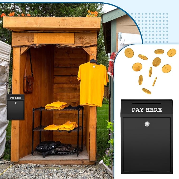 Yaocom Safe Metal Cash Box for Farm Stand – Money Drop and Secure Donation Collection, Wall Mount Lockable Unit with Pre Drilled Holes for Outdoor Self Serve(Black,11.8 x 8.6 x 4.7 Inch)