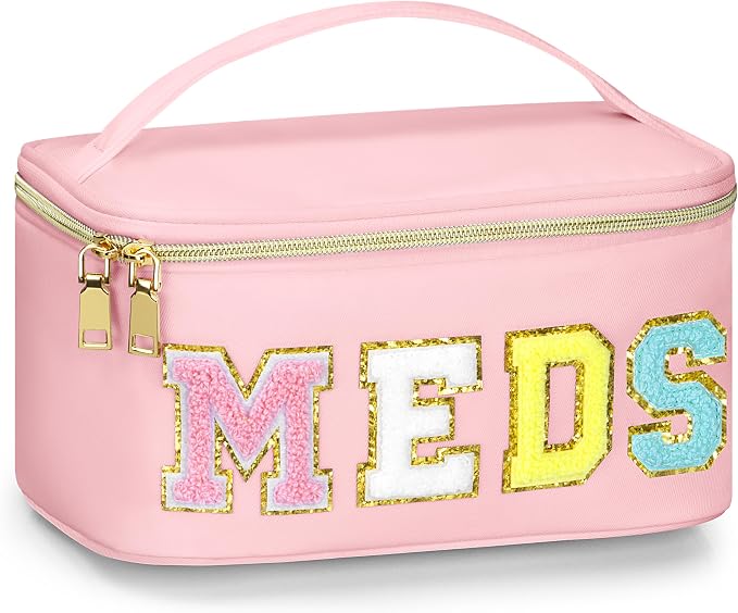 BuyCard Medicines Chenille Letter Bag Nylon Meds Makeup Pouch Preppy Path with Zipper and Handle Cosmetic Toiletry Storage Purse for Women Pink