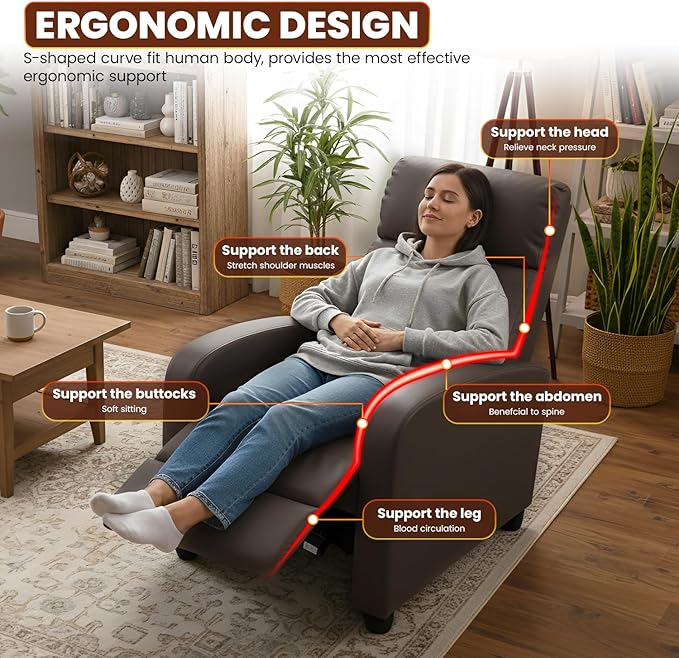 BestMassage | Recliner Chair | No Massage Function | Pu Brown | with Lumbar Support, Adjustable Push Back, Wide Armrests, Footrest & Padded Seat | Easy Assembly | for Living Room, Home Theatre