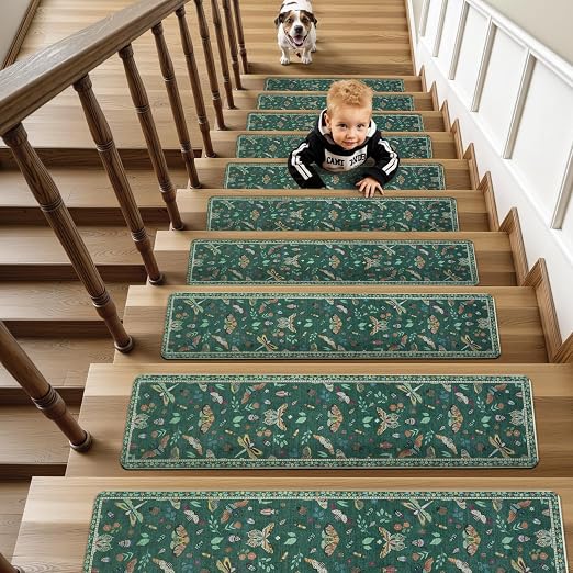 OJIA Insect Stair Treads Non Slip 15PC 8"x30" Stair Runner for Wooden Steps | Indoor Carpet Stair Treads Rubber Stair Mats Residue-Free Staircase Step Treads for Kids, Elders, Pets, Dark Green