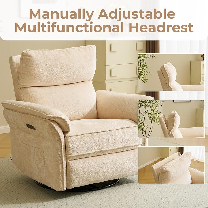 Oversized Power Recliner Chair Swivel Glider with Massage and Heat, Rocker Nursery Recliner for Adults with Adjustable Headrest, 24" Extra Wide Nursery Chair with Overstuffed Armrest,Beige