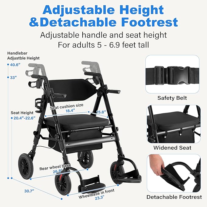 Walkers for Seniors,Heavy Duty Rollator Walker Wheelchair Combo, 2 in 1 Rollator Transport Chair with Brakes, 450 lb Rolling Walker 10" Big Wheels for All Terrain, Black