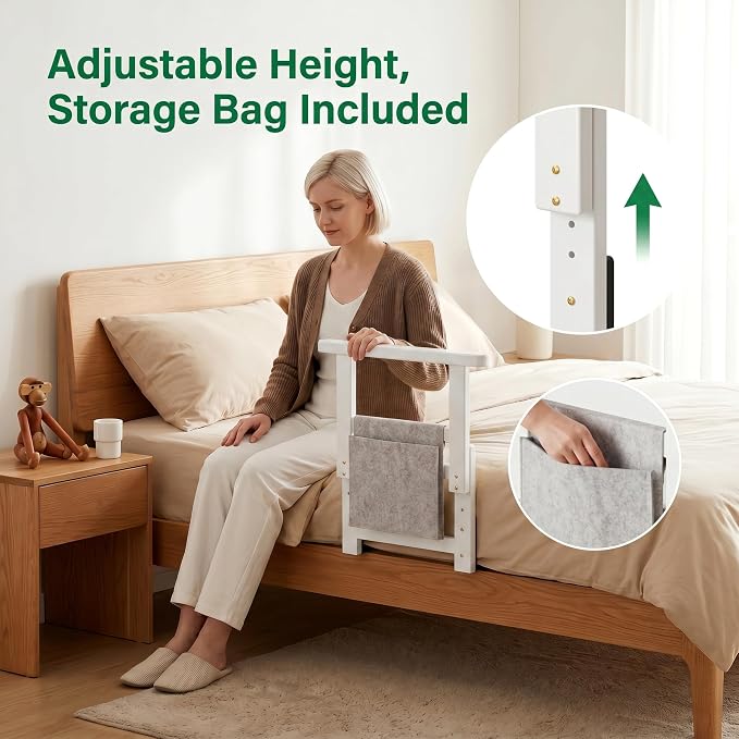 Bamboo Bed Assist Rail for Seniors Adjustable Grab Bar 300lbs White | Non-Slip Handle, Storage Pocket, Fits 4–12 inch Mattresses, Fits Twin, Full, Queen & King Beds