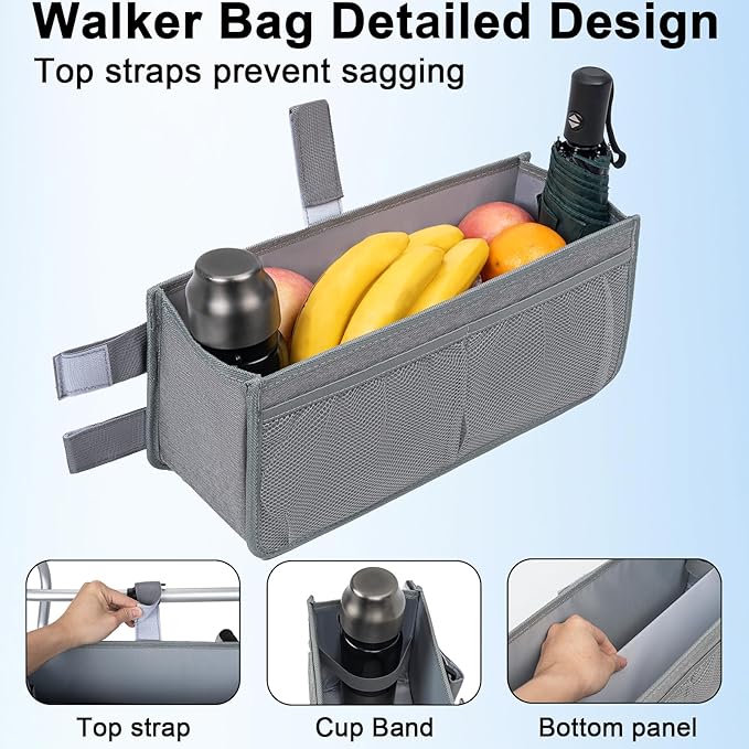 FREEAMG Walker Basket for Folding Walker, Large Capacity Foldable Walker Bag, Walker Storage Bag With Cup Holder, Detachable Walker Accessories Basket for Seniors (Grey)