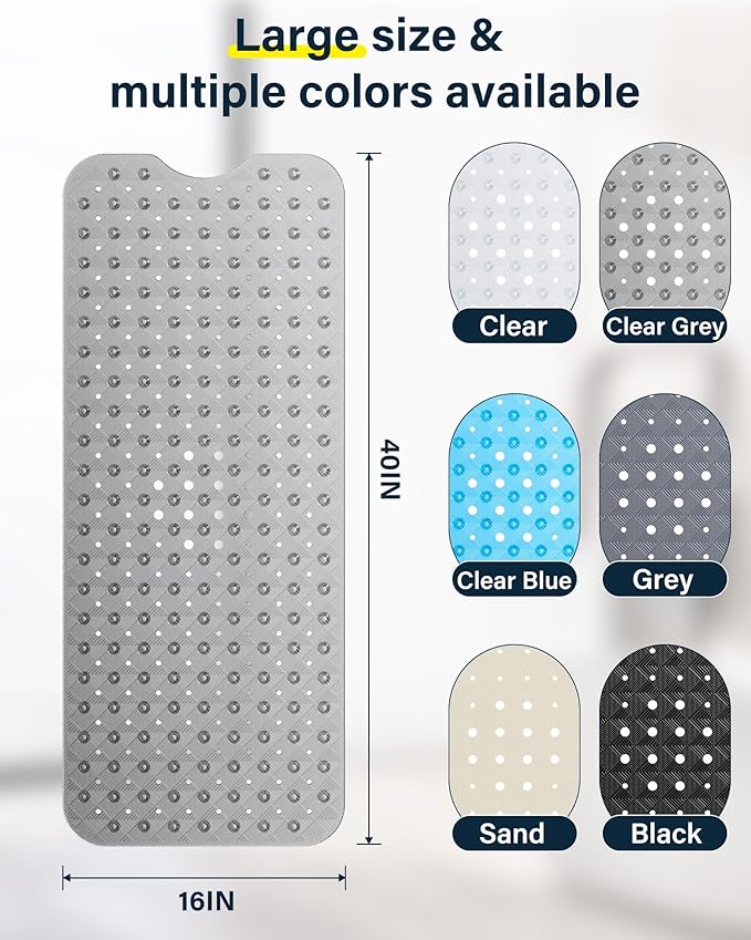 Non Slip Bathtub Mat for Tub & Shower, Machine Washable 40"x16" Anti Slip Bath Mat with 2 Hooks, Soft & Comfortable and Extra Large for Families, Clear Grey