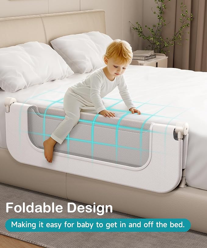 Bed Rail for Toddlers - 59 Inch Foldable Baby Guard | Height Adjustable | Foldable | Fits Full/Queen/King/Twin Beds | U-shape base provides Safety sleep protection | White