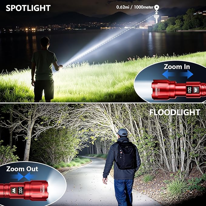 WdtPro LED Rechargeable Flashlight 2 Pack, 3 Modes Super Bright High Lumens Flashlights, Zoomable Tactical Flash Light with LCD Display, IP65 Waterproof Flashlights for Home Emergency Camping - Red