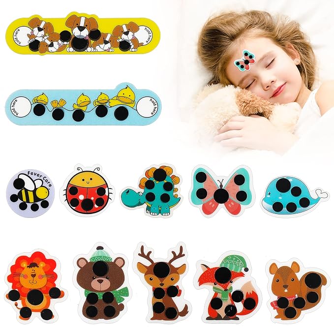 Weewooday 12 Pcs Stick-on Fever Stickers Forehead Temperature Monitoring Patch Cartoon Stickers Thermometer Strips for Kids