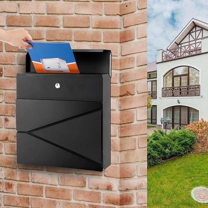 Wall-Mount Mailbox for House Outside, Security Key Drop Box with Lock and Keys, Locking Postbox, Steel Metal Rust-Proof Mail Box, 11.02 x 11.02 x 4.33 Inch, Black, MD021