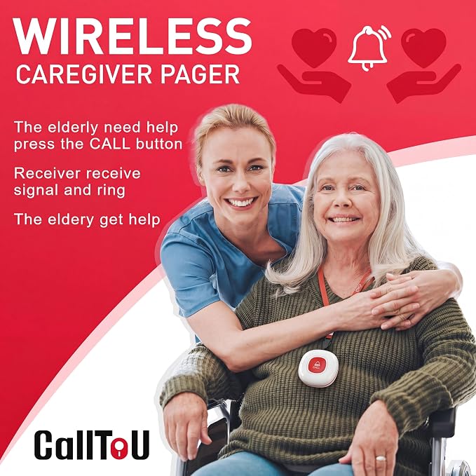 CallToU Wireless Caregiver Pager Call Button for Elderly at Home Nurse Alert System 500+ Feet for Seniors/Elderly/Patient/Disabled 1 Plugin Receiver 2 Waterproof SOS Buttons