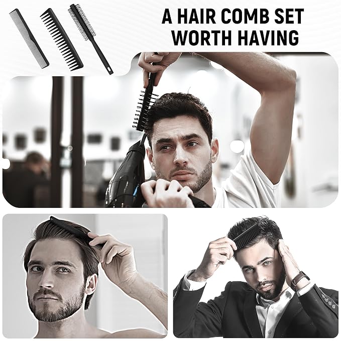 3PCS Comb Set Hair Combs for Men, Fine and Wide Tooth Comb, Roller Brush for Adding Volume, Hair Styling Mens Comb for Styling and Grooming, Frosted Texture