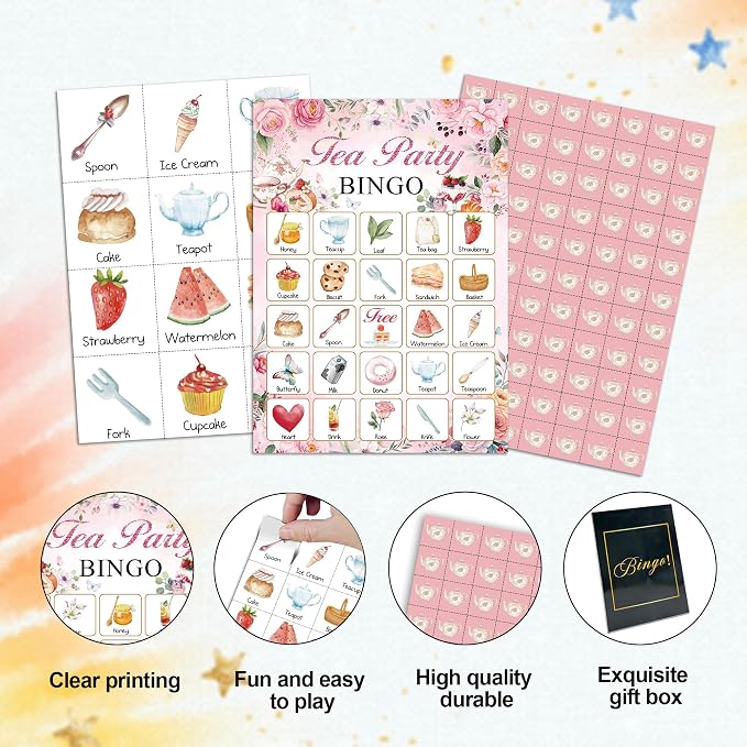 Tea Party Bingo Game Cards, Pink Floral Bingo Set for Adults Large Group, Garden Tea Themed Fun Games, Bridal Shower Bachelorette Party Activities, Icebreaker Games for Family Friends -22