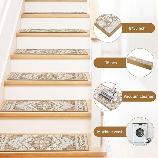 Stair Treads for Wooden Steps Indoor, 15 Pack 8" X 30" Non Slip Carpet Stair Treads with Reusable Adhesive for Kids Elders and Dogs, TPR Backing Stair Rugs Oriental Staircase Step Treads,Bohemia