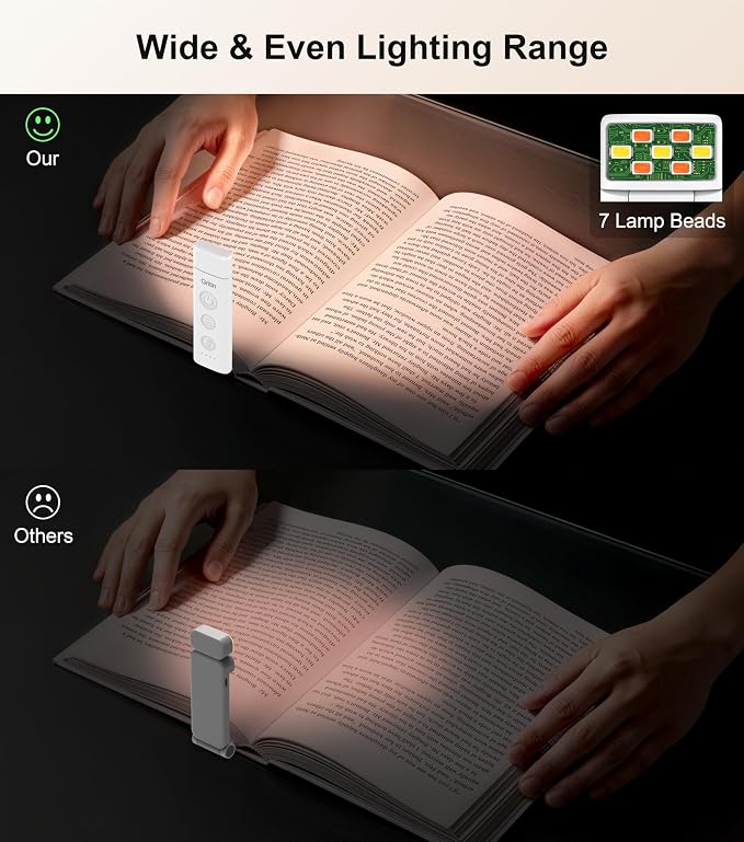 Gritin Book Light Rechargeable, Clip on LED Reading Light for Books in Bed | Eye Caring 3-Color & 5-Brightness, Stepless Dimming, Long Lasting, Compact Size Flexible Book Lamp for Bookworms