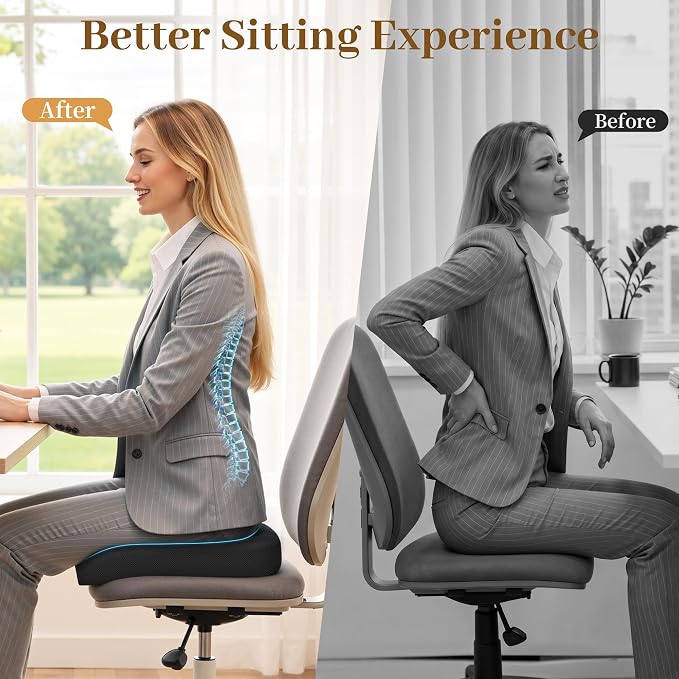 TranquilRelax Memory Foam Seat Cushion for Office Chair, 3-Inch, Black | Medium-firm Support for Long Sitting, Washable Mesh Cover, Non-slip Base, Perfect for Car Seats & Short Drivers