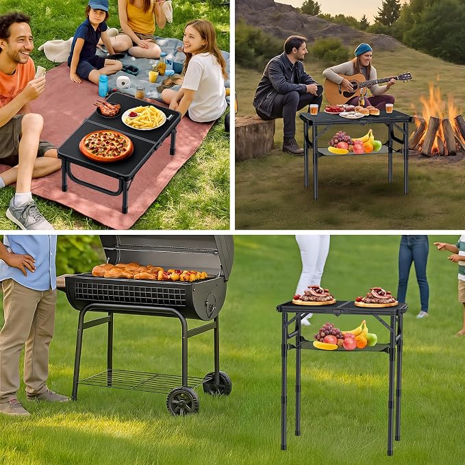 Anbte Folding Camping Table with Storage Net, Pure Black Aluminum 2ft Picnic Table 23.2" x 16" Outdoor Table Adjustable Height Max 27.5", Lightweight, Waterproof, Portable Handle for Travel Cooking