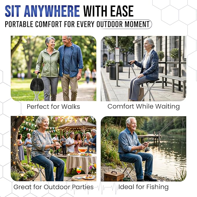 Cane with Seat Folding, Adjustable Walking Cane Chair, Portable Anti-Slip Walking Stick Seat for Seniors, Lightweight Cane Stool for Elderly Men and Women, Folding Cane Supports Up to 396lb