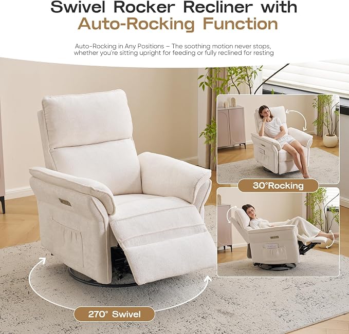 Power Nursery Recliner with Auto Rocking,Oversized Swivel Rocker Recliner with Massage and Heat,Glider Recliner Nursery Chair with Adjustable Headrest for Living Room and Bedroom,White