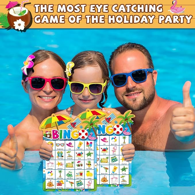 39Pcs Pool Party Bingo Game for Adults Kids 24 Players Summer Party Bingo Game Cards with Reward Stickers for Family Friend Student Large Group Activities Hawaiian Tropical Beach Parties Supply Favors